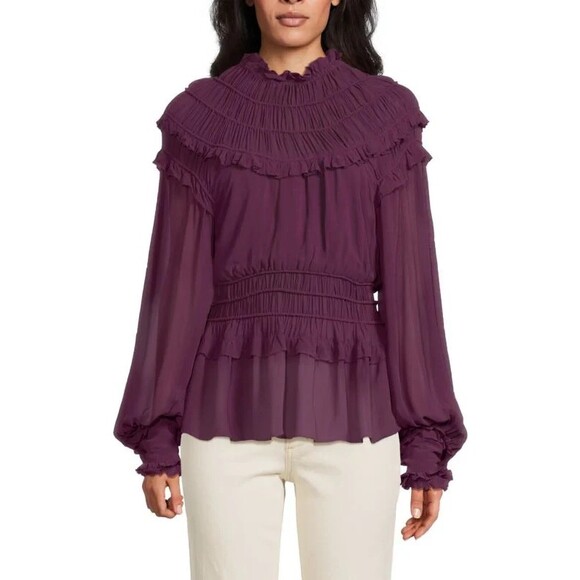 Farm Rio Tops - Farm Rio Size XXS Purple Smocked Long Sleeve Mock Neck Ruffled Peplum Top NWOT